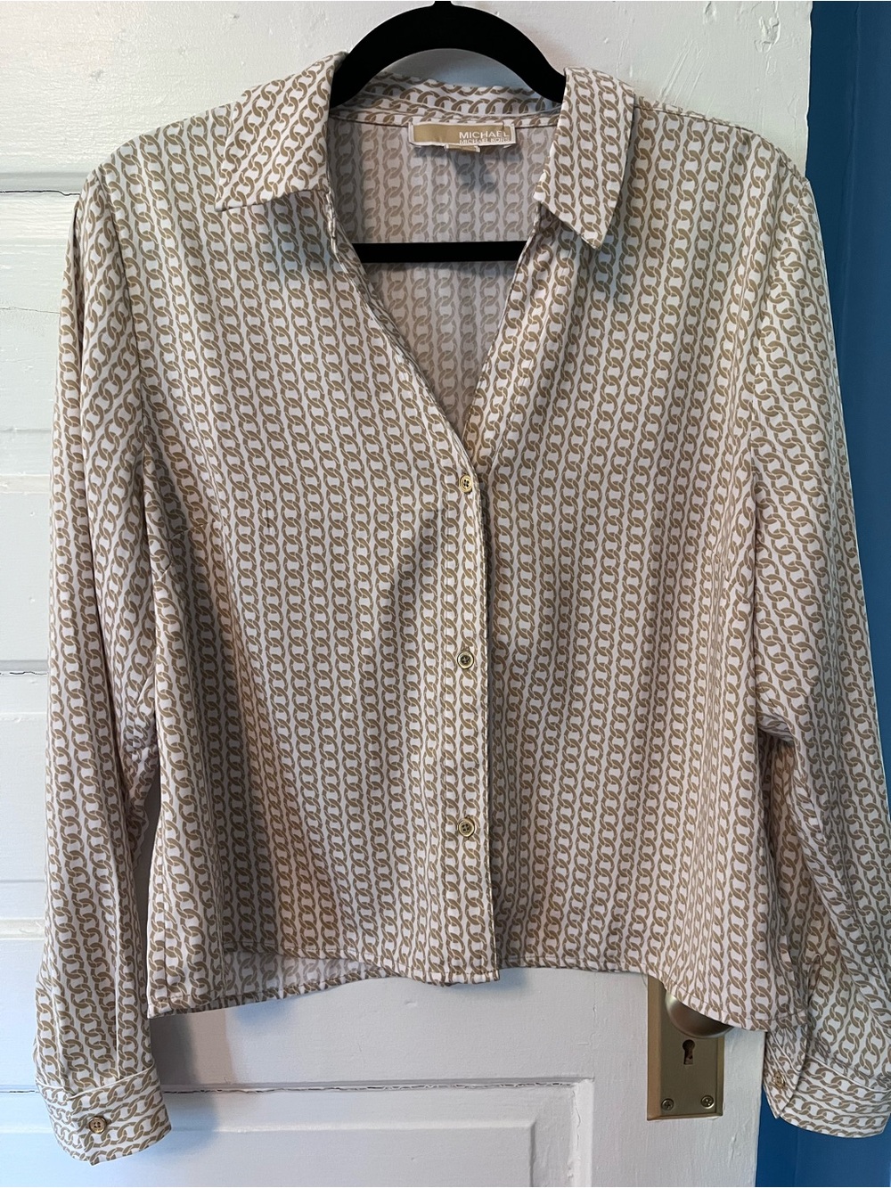 Michael Kors Cream and Tan Chain-Link Button Down Shirt